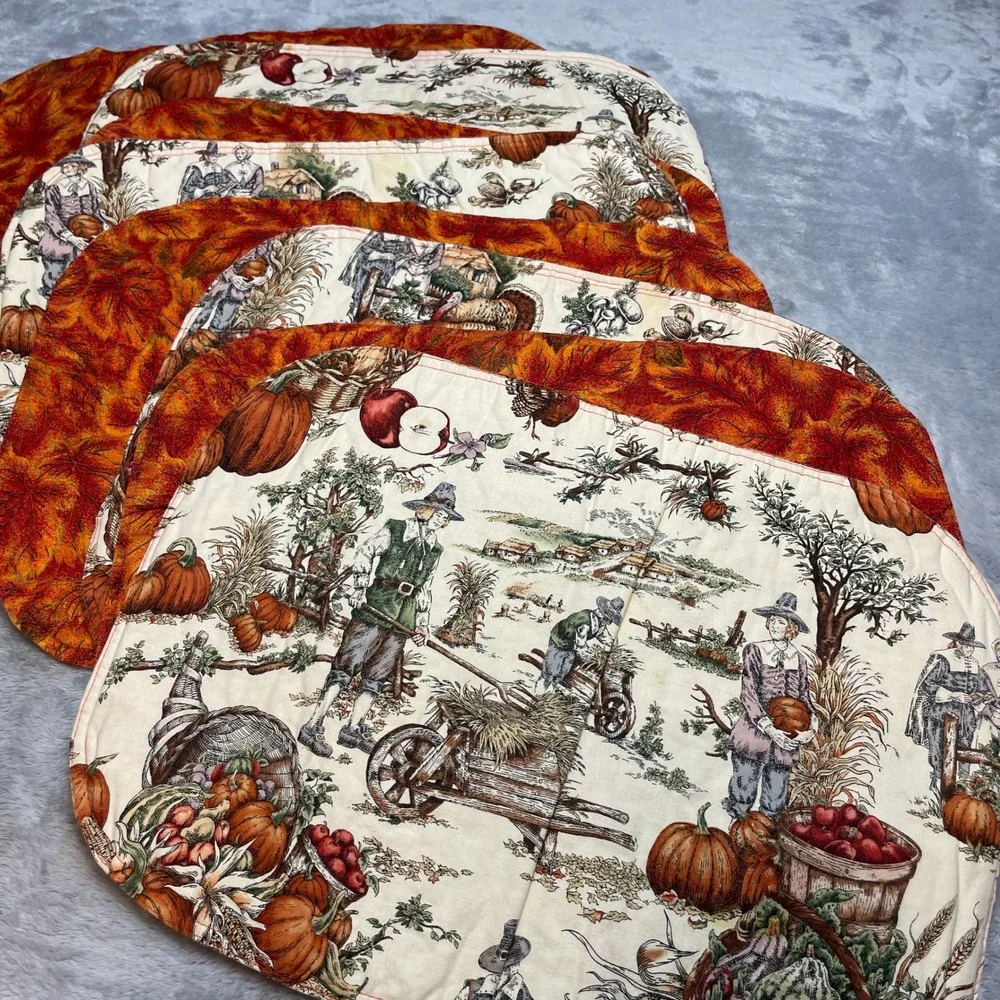 8 Vtg Handmade Thanksgiving Harvest Placemats Reversible Toile Autumn Pilgrims